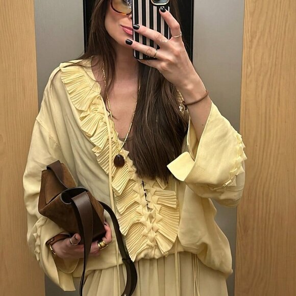 Yellow Casual Women's V-Neck Long Sleeve Blouse with Lace-Up Details - Picture 9 of 11